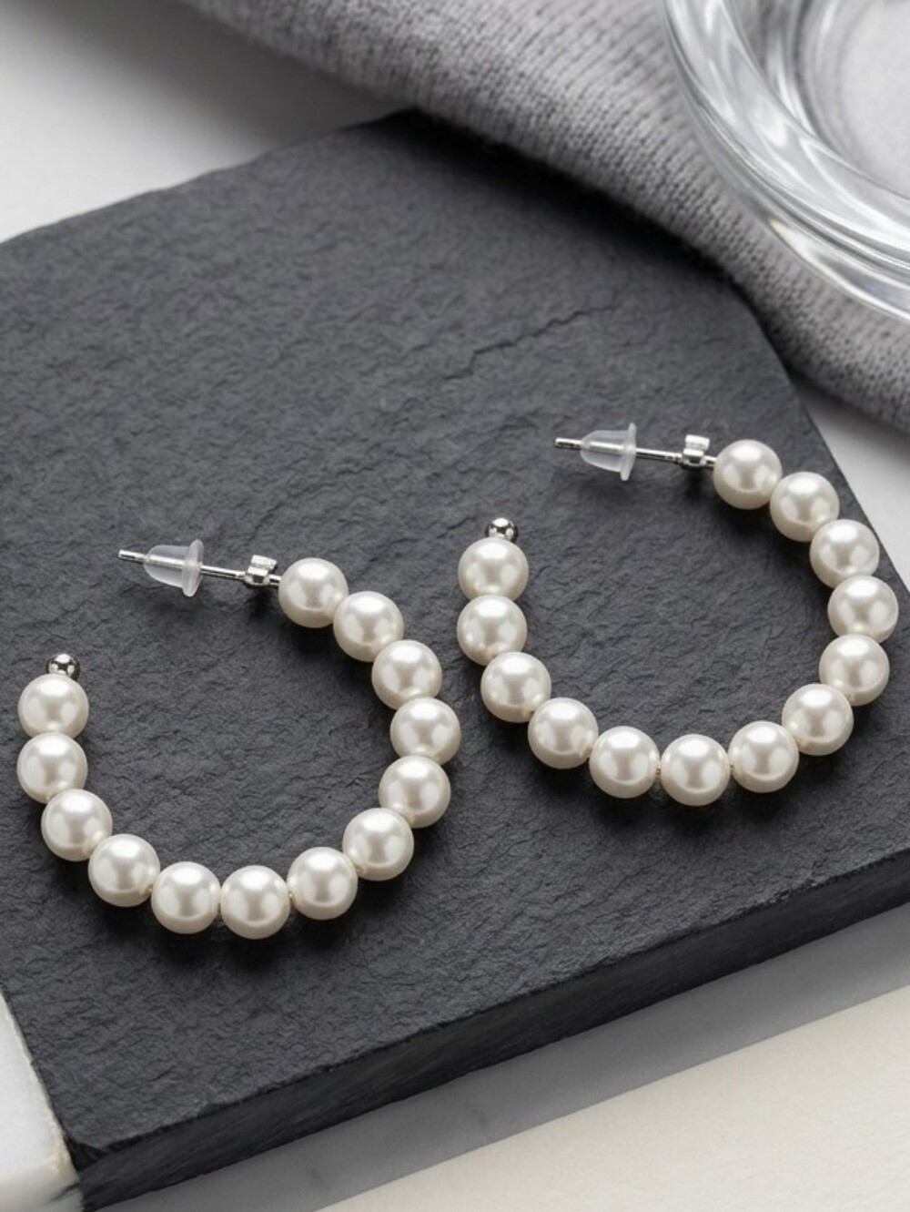#75 White Pearl Hoop Earrings